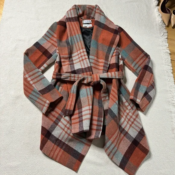 Chicwish Wool Blend Orange Teal Brown Plaid Wrap Coat S - Picture 2 of 8